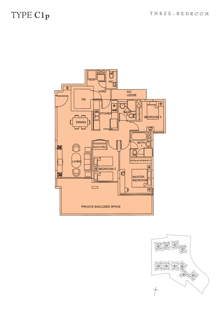 Sunglade floor plan Type C1p, 1378 sqft, Serangoon, Singapore