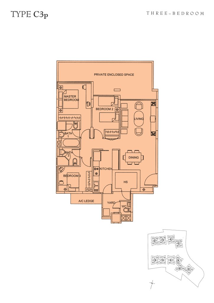 Sunglade floor plan Type C3p, 1399 sqft, Serangoon, Singapore