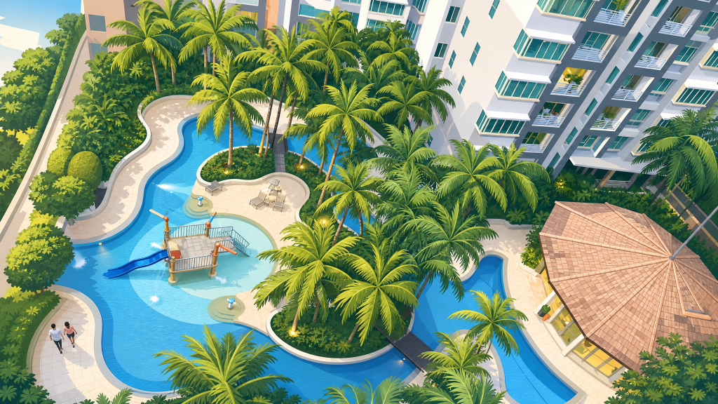 Sunglade aerial view of the pool and grounds