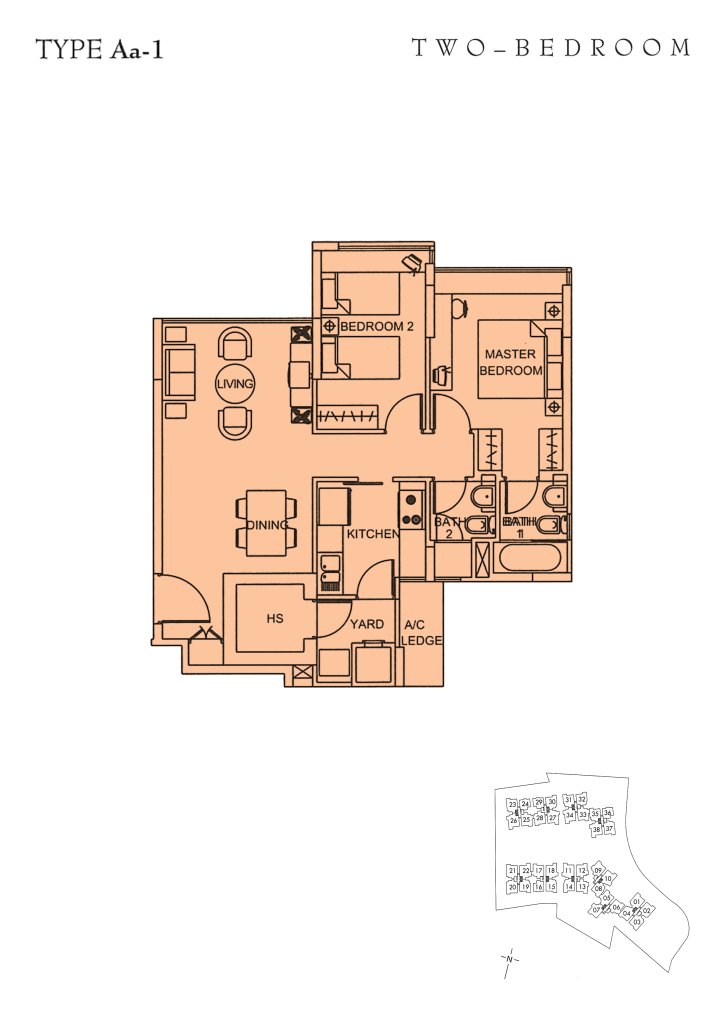 Sunglade floor plan Type Aa, 818 sqft, Serangoon, Singapore