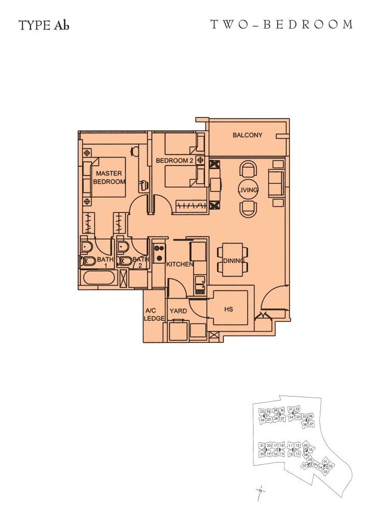 Sunglade floor plan Type Ab, 872 sqft, Serangoon, Singapore