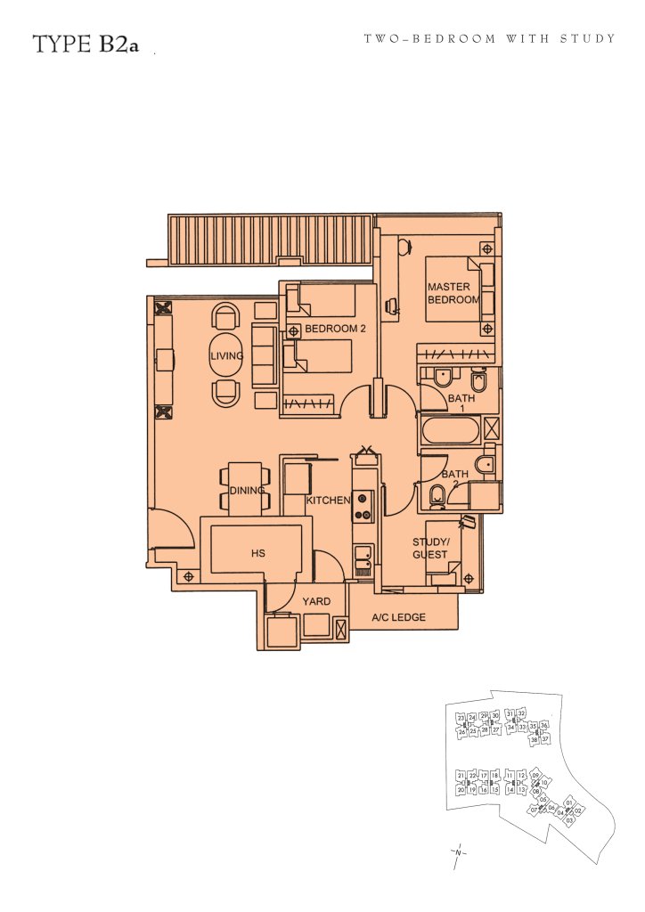 Sunglade floor plan Type B2a, 969 sqft, Serangoon, Singapore