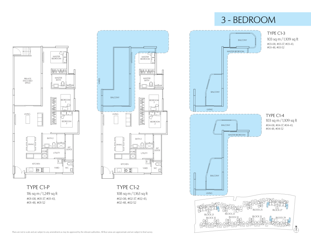 Terrasse floor plan Type C1-P, 1249 sqft, Hougang, Singapore