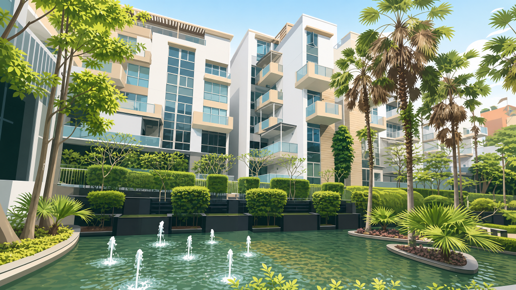 Terrasse water feature and landscaped greenery