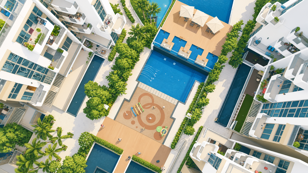 Terrasse aerial view of the pool deck