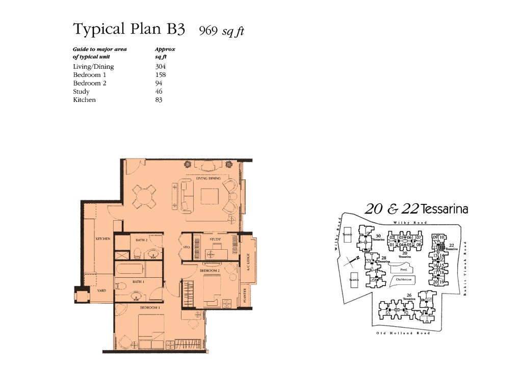 The Tessarina floor plan 969 sqft Type B3