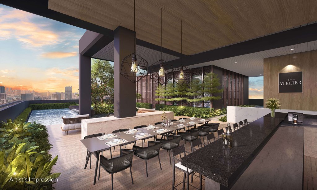 The Atelier sky terrace dining pavilion at dusk