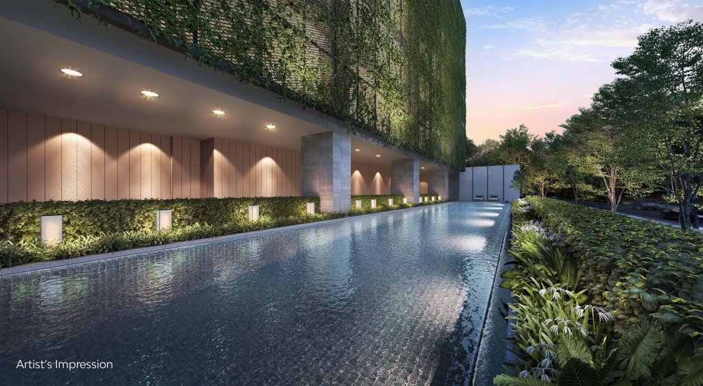 The Atelier lap pool beside the green wall