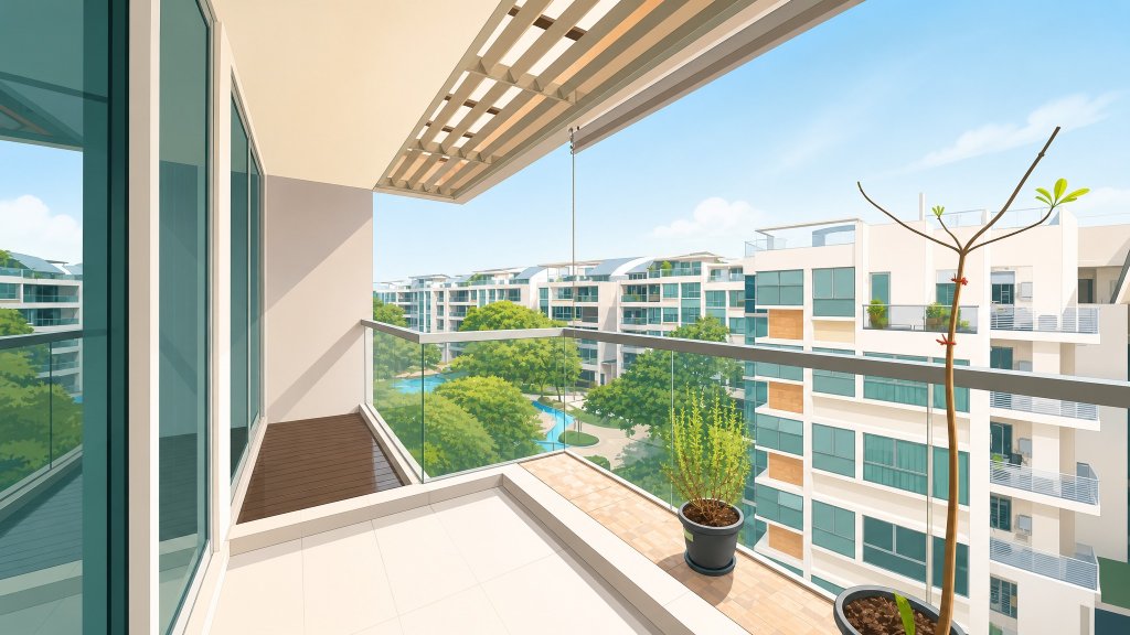 The Calrose balcony with pool and blocks beyond