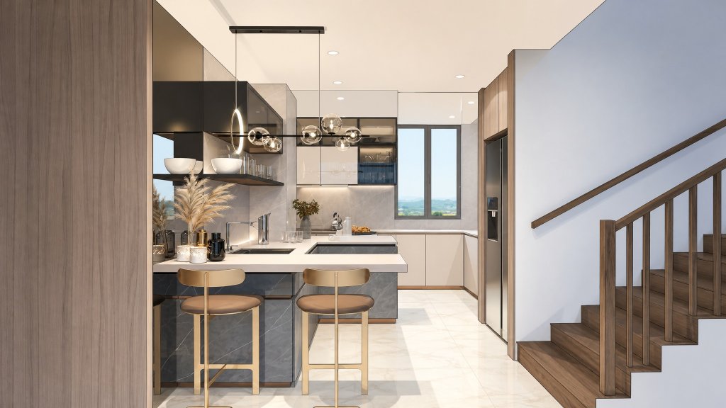 The Calrose kitchen with island and staircase