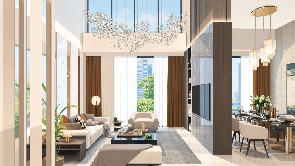 The Calrose double-height living and dining interior