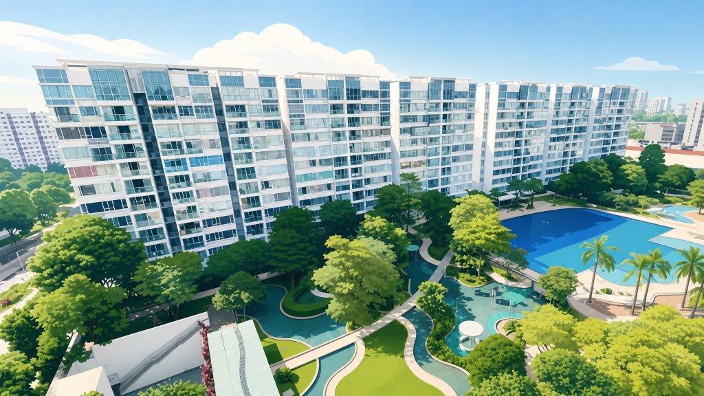 The Centris aerial view of the pool, gardens and blocks