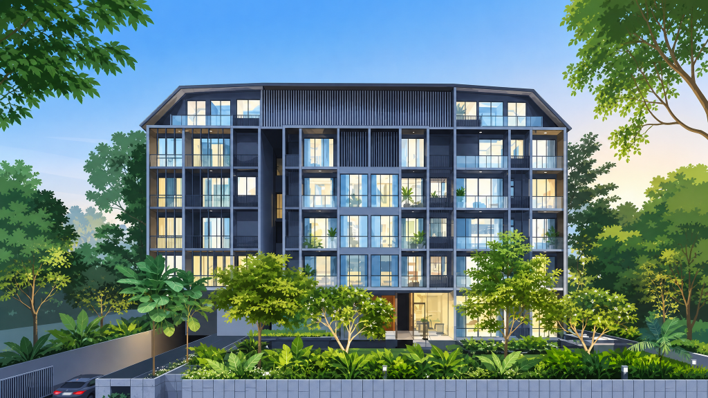 The Enclave . Holland the block facade at dusk