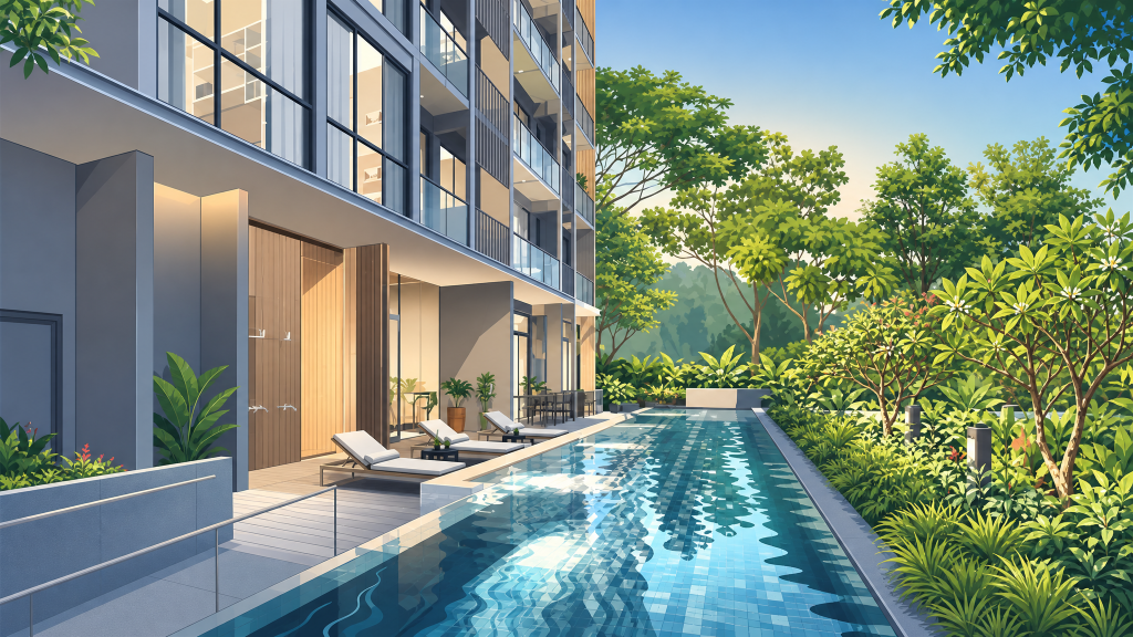 The Enclave . Holland pool deck and the block colonnade