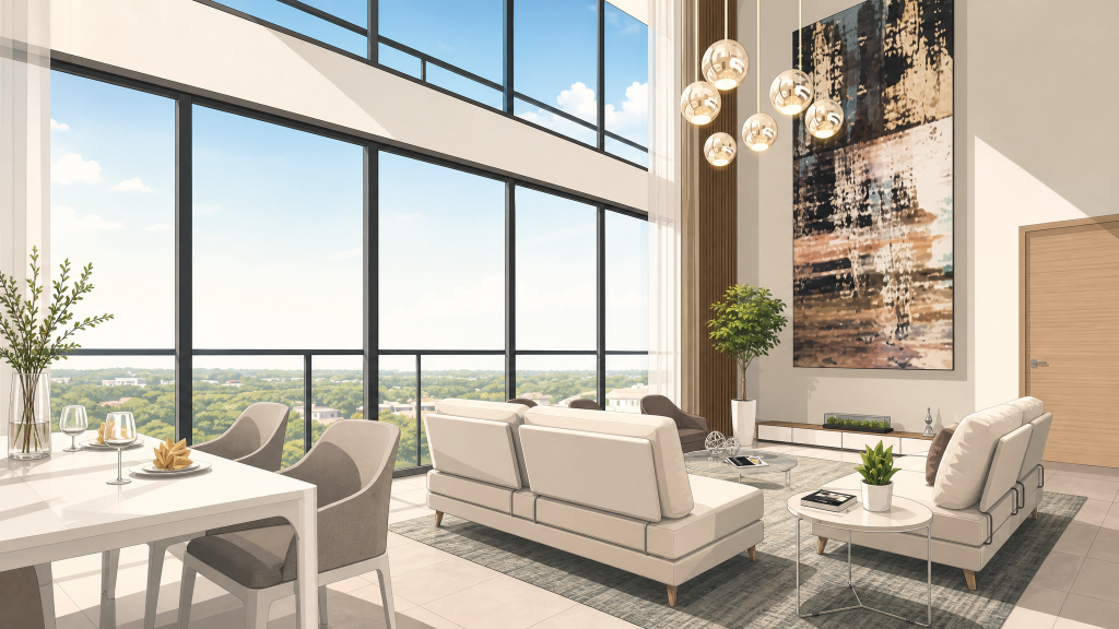 The Enclave . Holland double-height living and dining interior