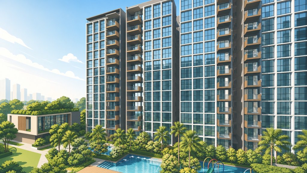The Greenwich block facade above the pool