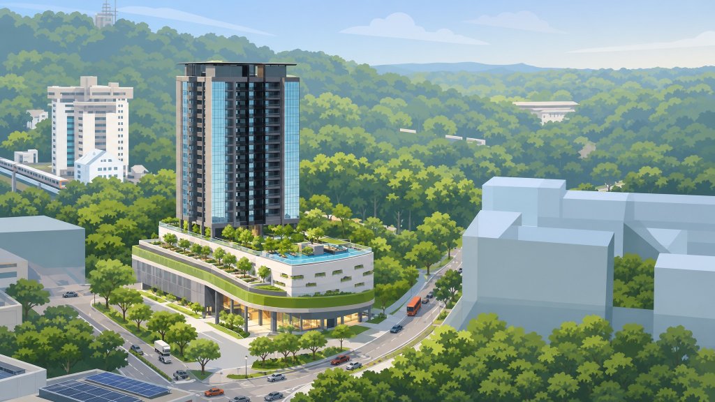 The Linq @ Beauty World aerial view over Upper Bukit Timah greenery