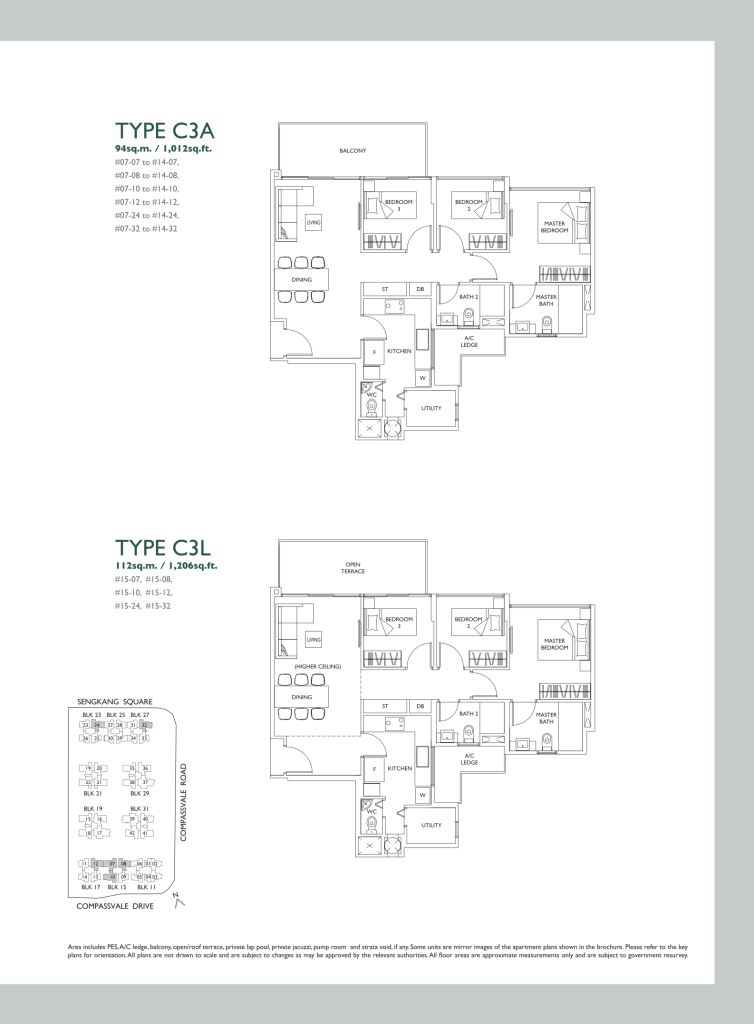 The Luxurie floor plan Type C3A, 1012 sqft, Sengkang, Singapore