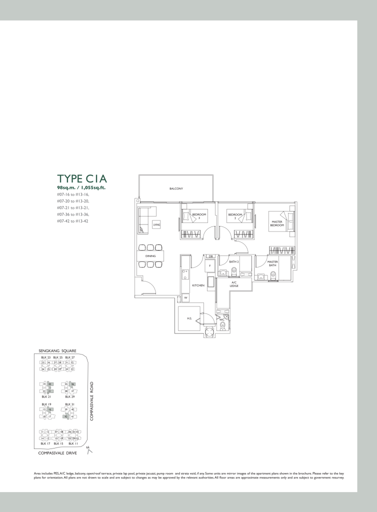 The Luxurie floor plan Type C1A, 1055 sqft, Sengkang, Singapore