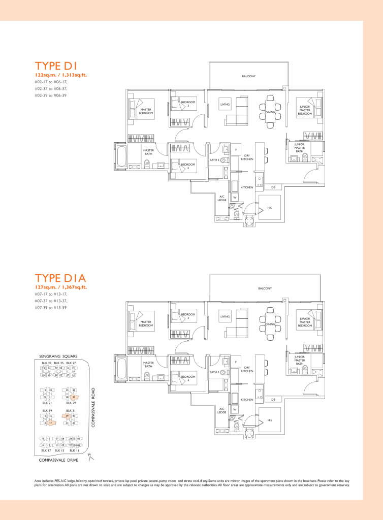 The Luxurie floor plan Type D1, 1313 sqft, Sengkang, Singapore