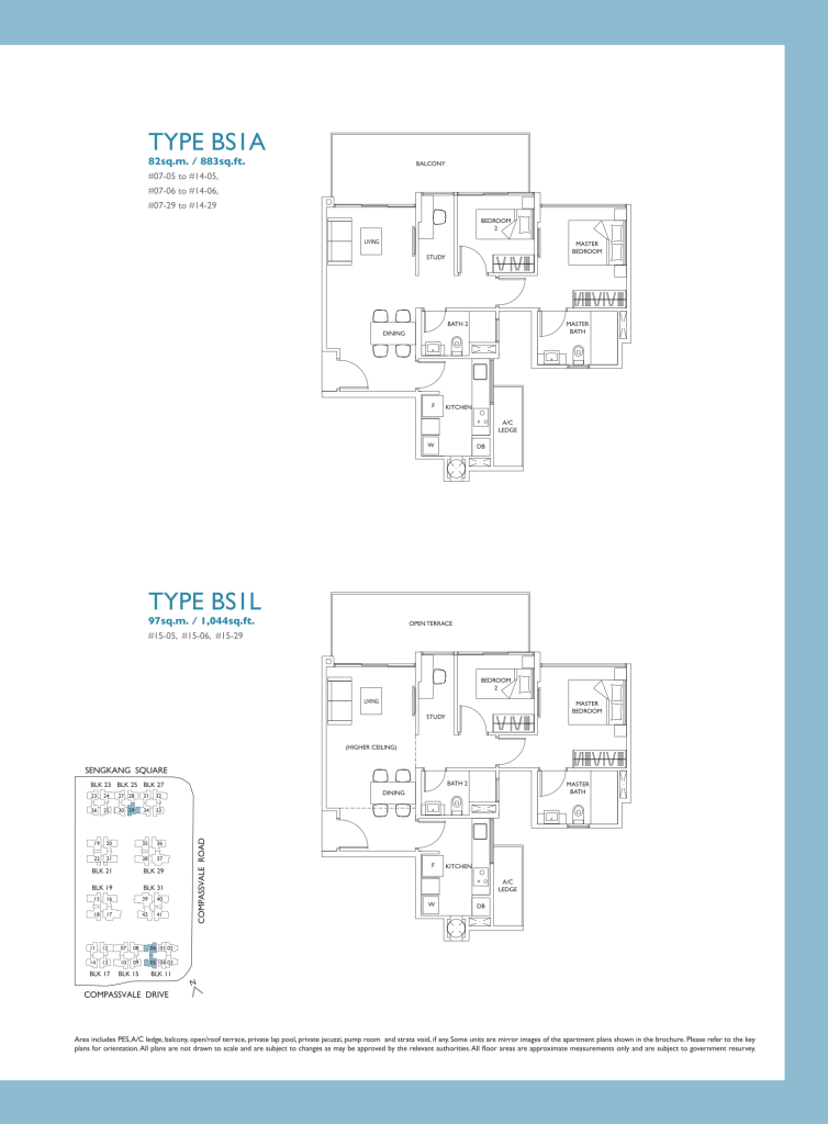 The Luxurie floor plan Type BS1A, 883 sqft, Sengkang, Singapore