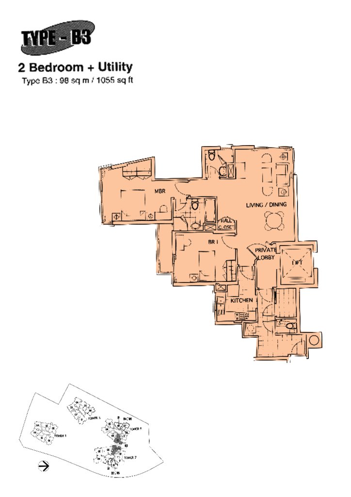 The Mayfair floor plan 1,055 sqft Type B3