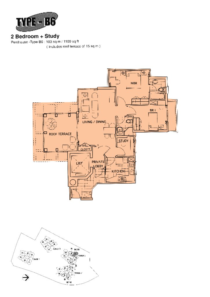 The Mayfair floor plan 1,109 sqft Type B6