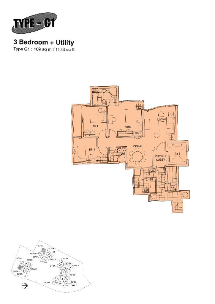 The Mayfair floor plan 1,173 sqft Type C1