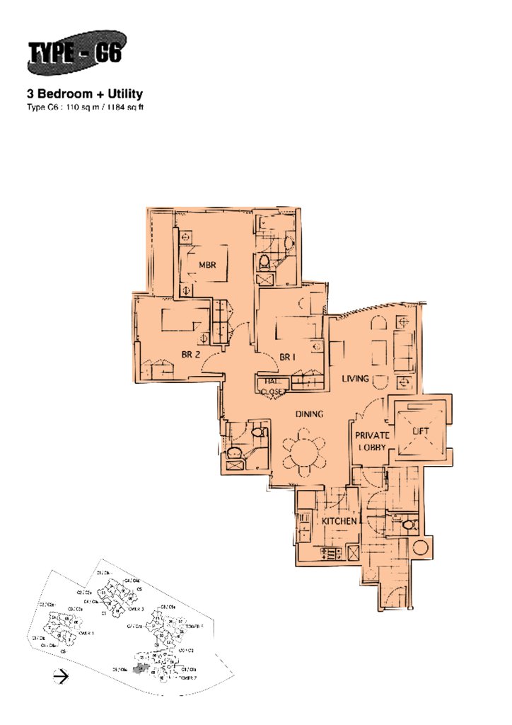 The Mayfair floor plan 1,184 sqft Type C6