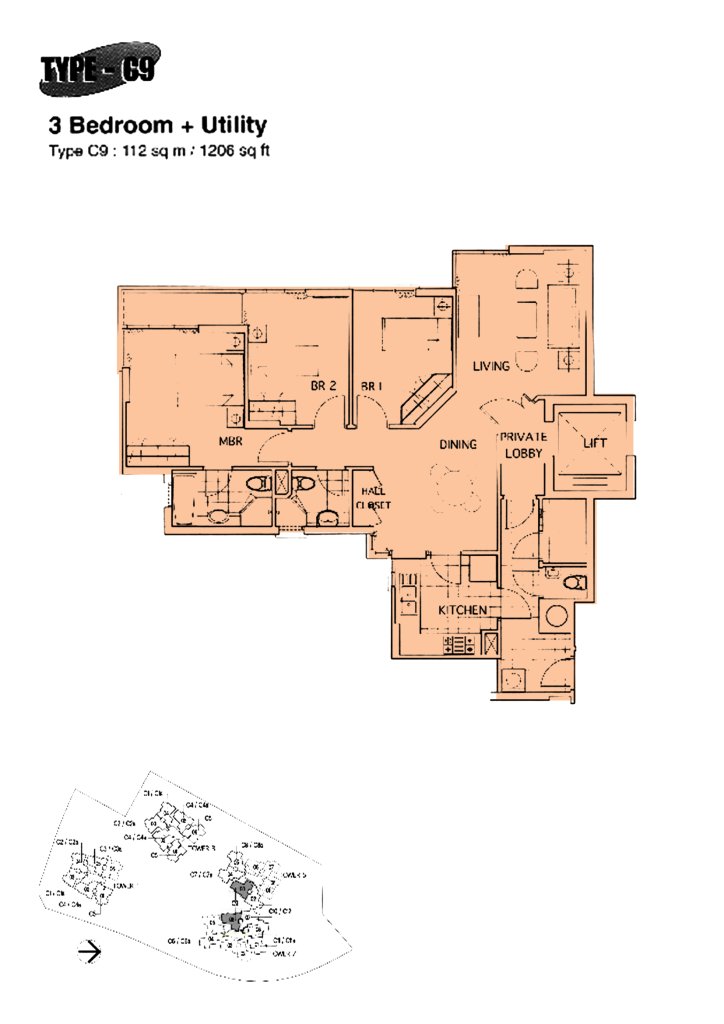 The Mayfair floor plan 1,206 sqft Type C9