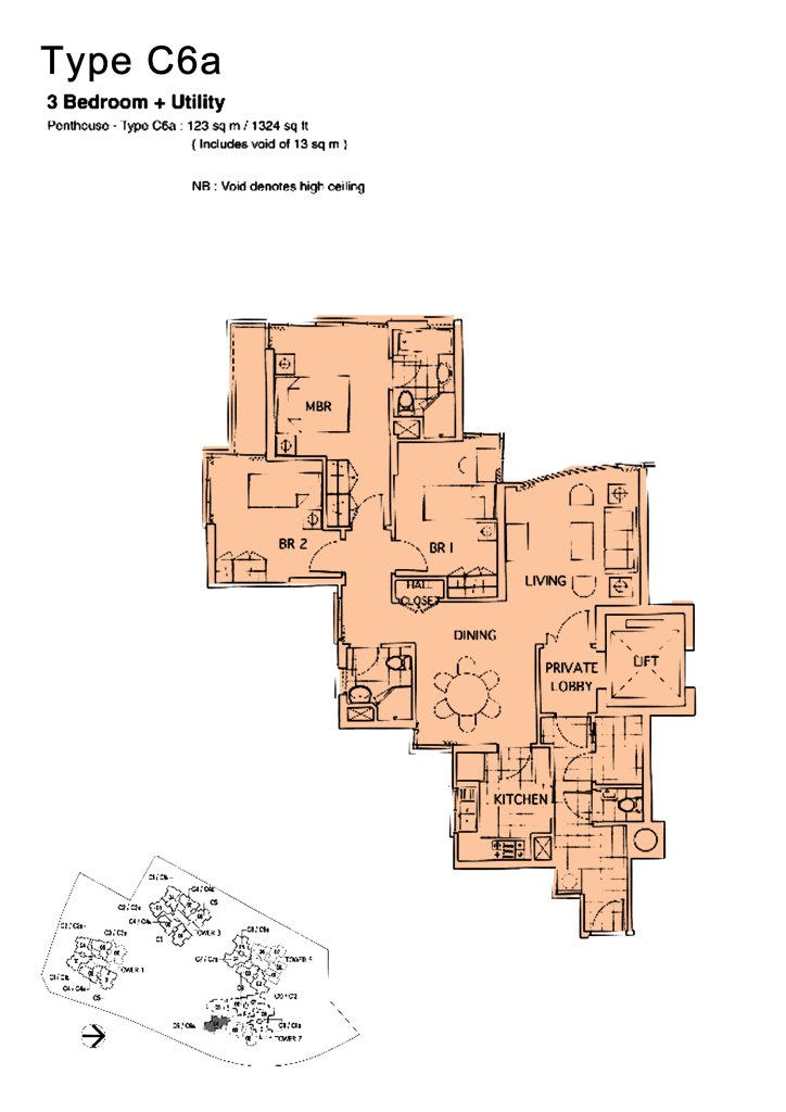 The Mayfair floor plan 1,324 sqft Type C6a