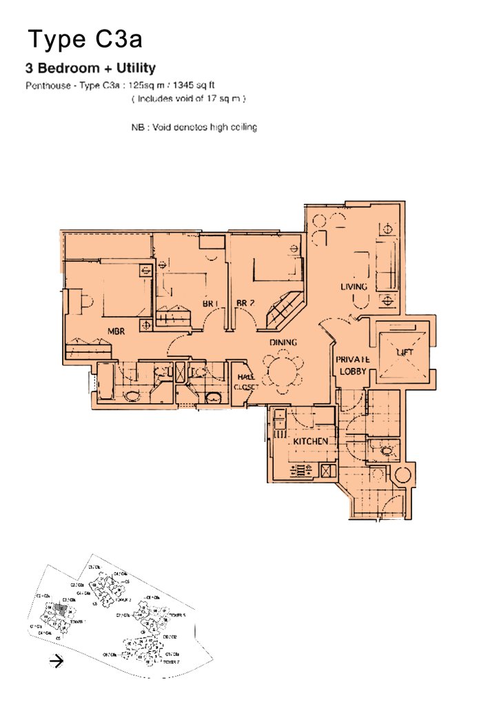 The Mayfair floor plan 1,345 sqft Type C3a