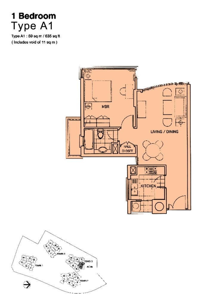The Mayfair floor plan 635 sqft Type A1