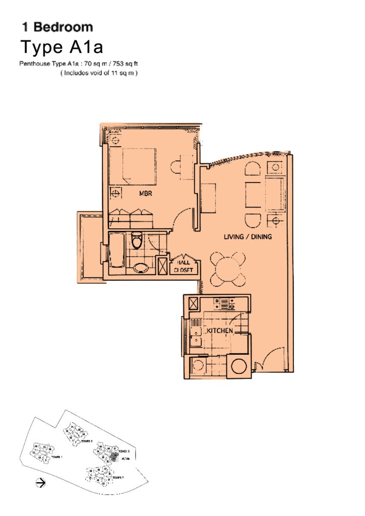 The Mayfair floor plan 753 sqft Type A1a