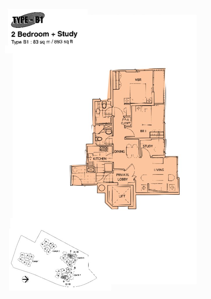 The Mayfair floor plan 893 sqft Type B1