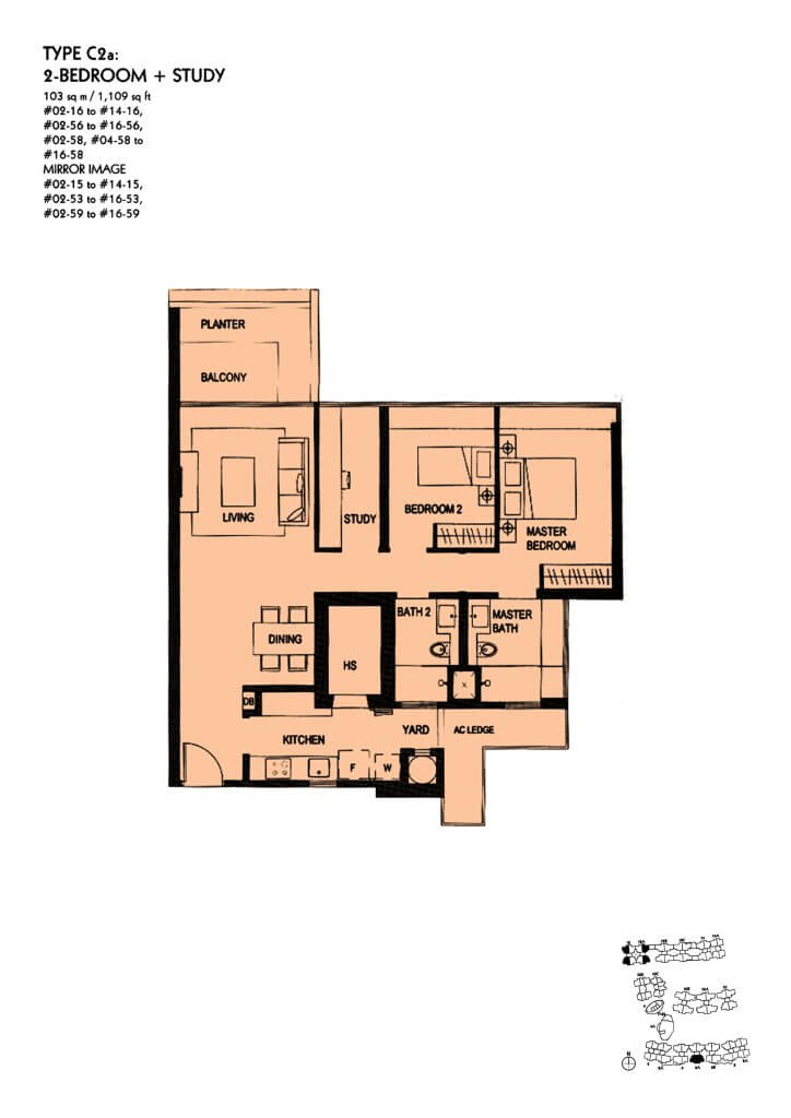 The Minton floor plan Type C2a, 1109 sqft, Hougang, Singapore
