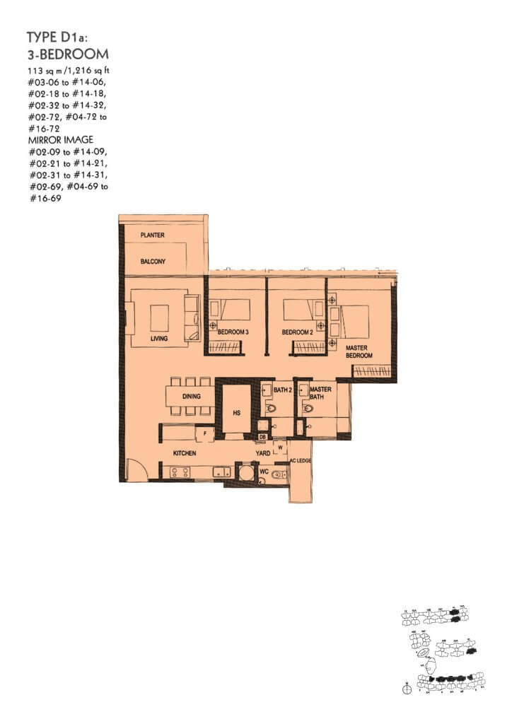 The Minton floor plan Type D1a, 1216 sqft, Hougang, Singapore