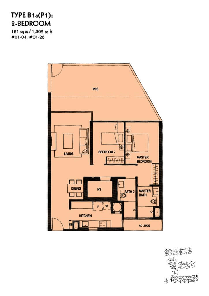 The Minton floor plan Type B1aP1, 1302 sqft, Hougang, Singapore