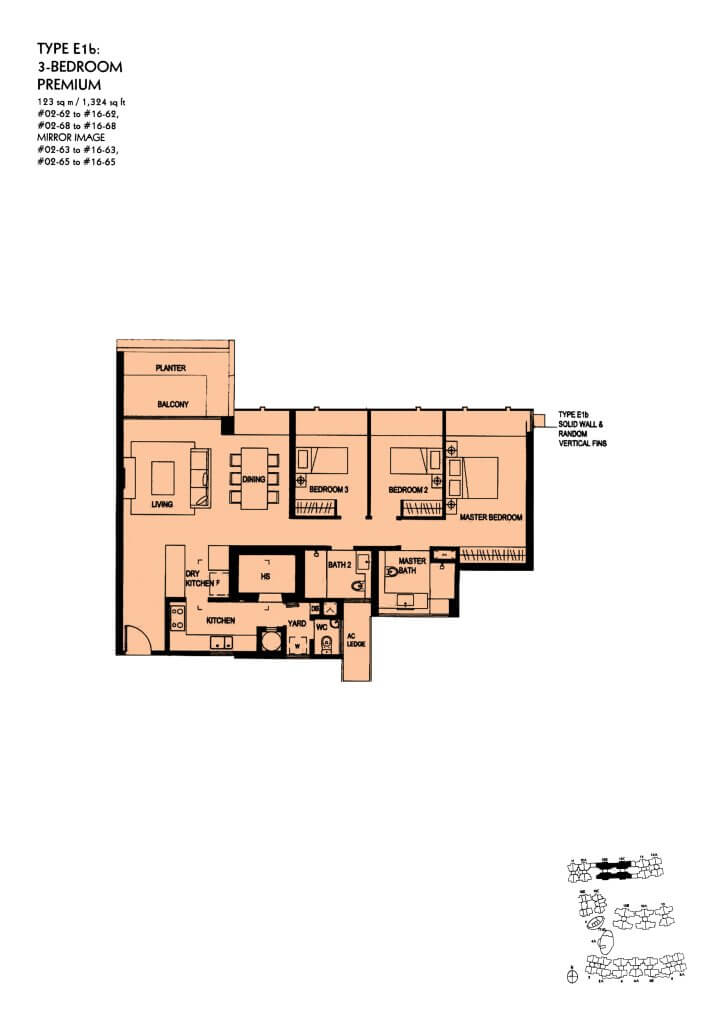 The Minton floor plan Type E1b, 1324 sqft, Hougang, Singapore