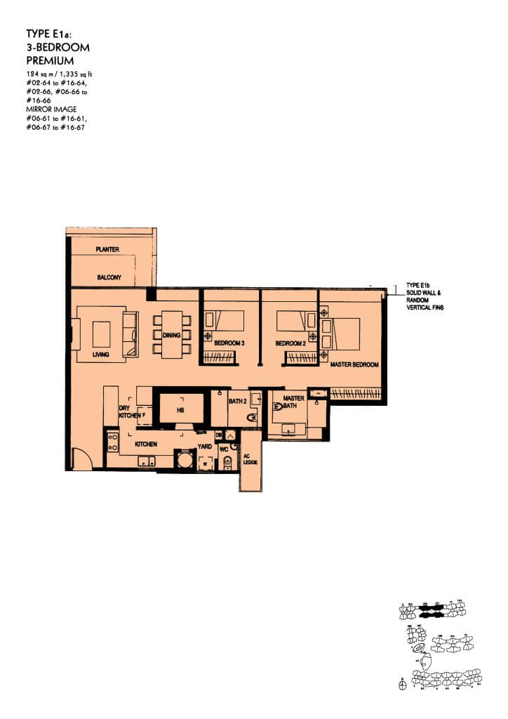 The Minton floor plan Type E1a, 1335 sqft, Hougang, Singapore