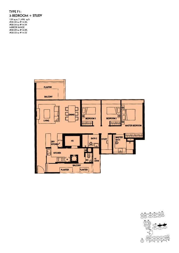 The Minton floor plan Type F1, 1496 sqft, Hougang, Singapore