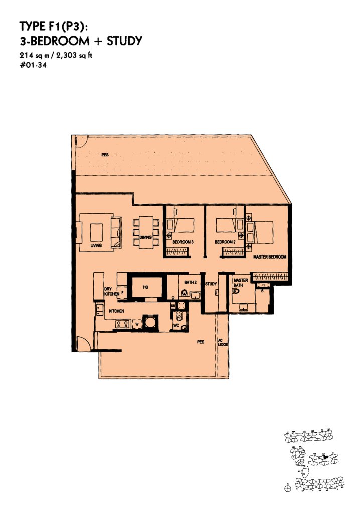 The Minton floor plan Type F1P3, 2303 sqft, Hougang, Singapore