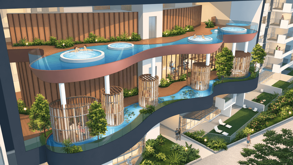 The Minton jacuzzi pools and sky terraces between the blocks, Hougang, Singapore