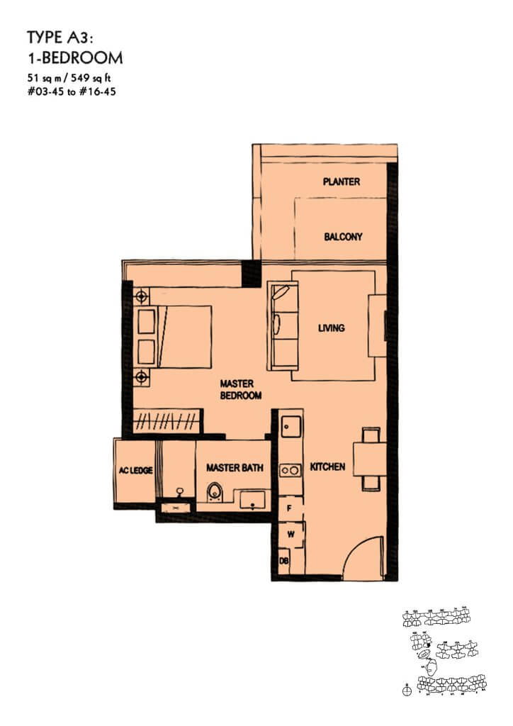 The Minton floor plan Type A3, 549 sqft, Hougang, Singapore