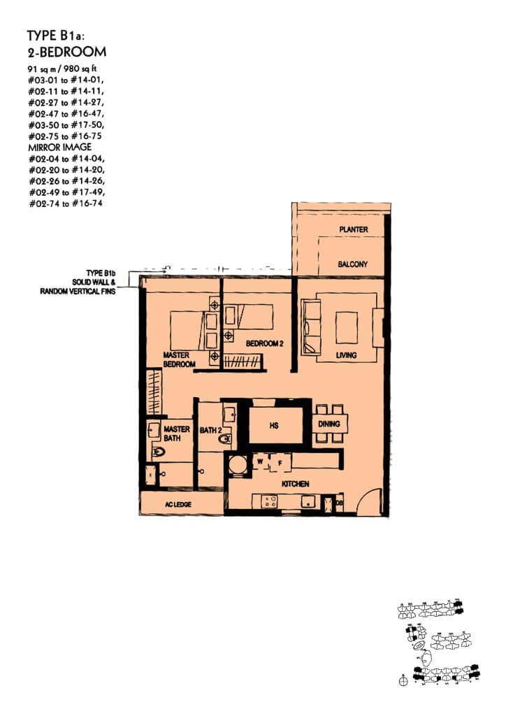 The Minton floor plan Type B1a, 980 sqft, Hougang, Singapore