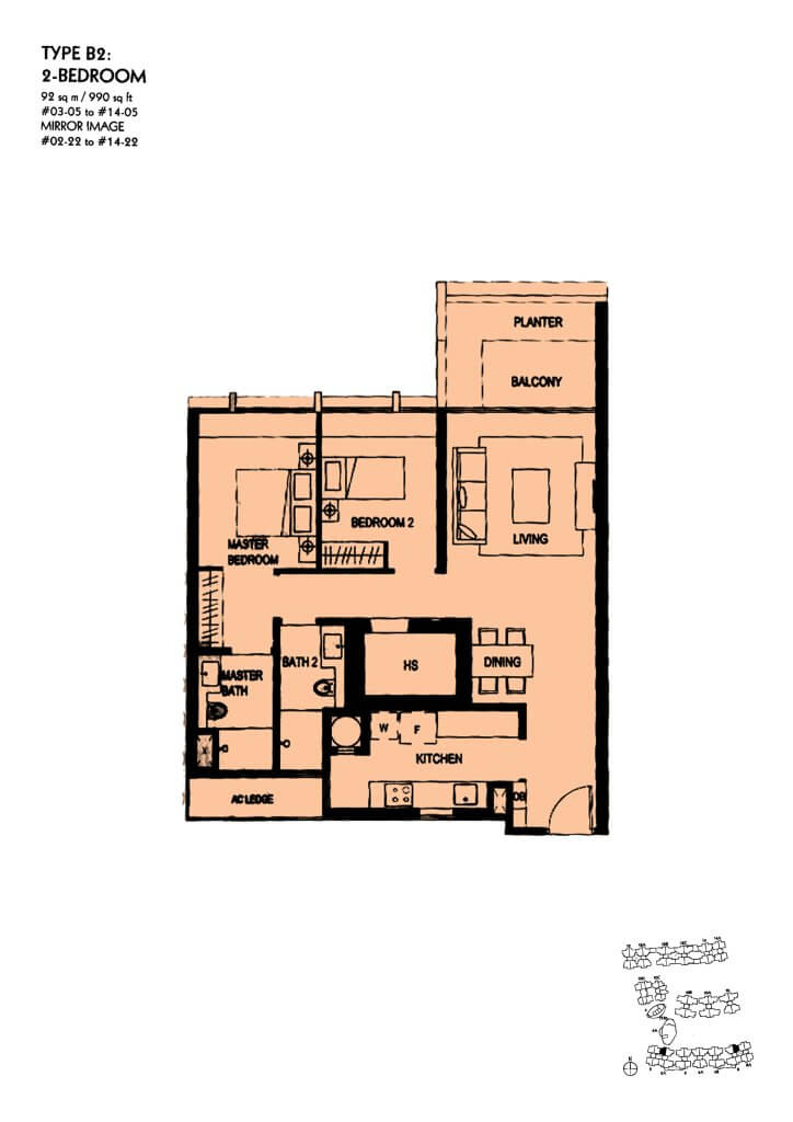 The Minton floor plan Type B2, 990 sqft, Hougang, Singapore
