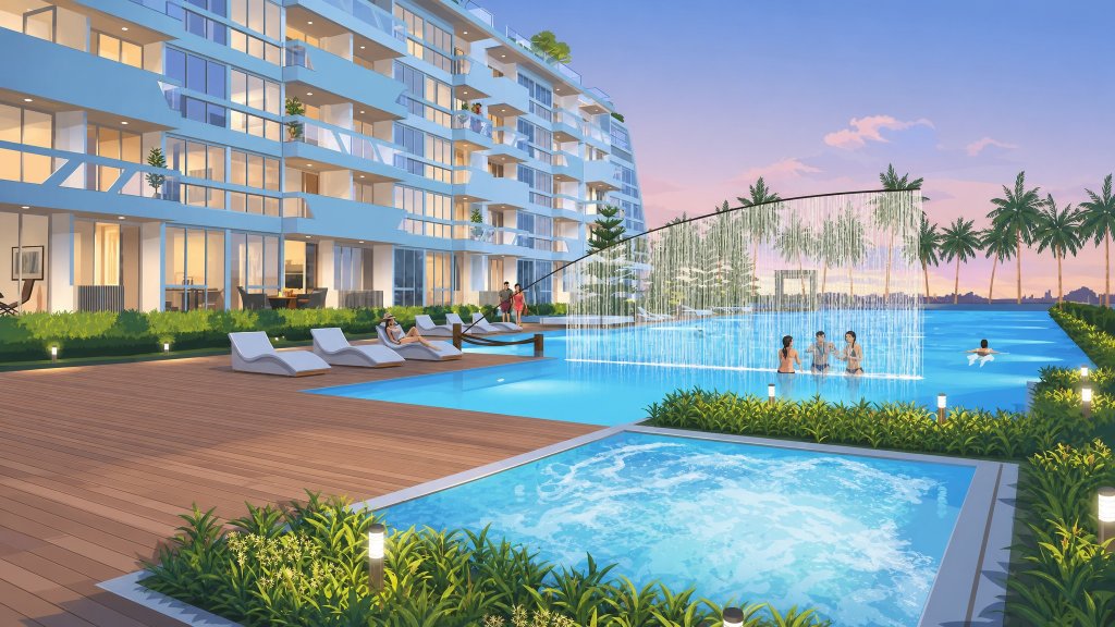 The Nautical pool deck and blocks at dusk