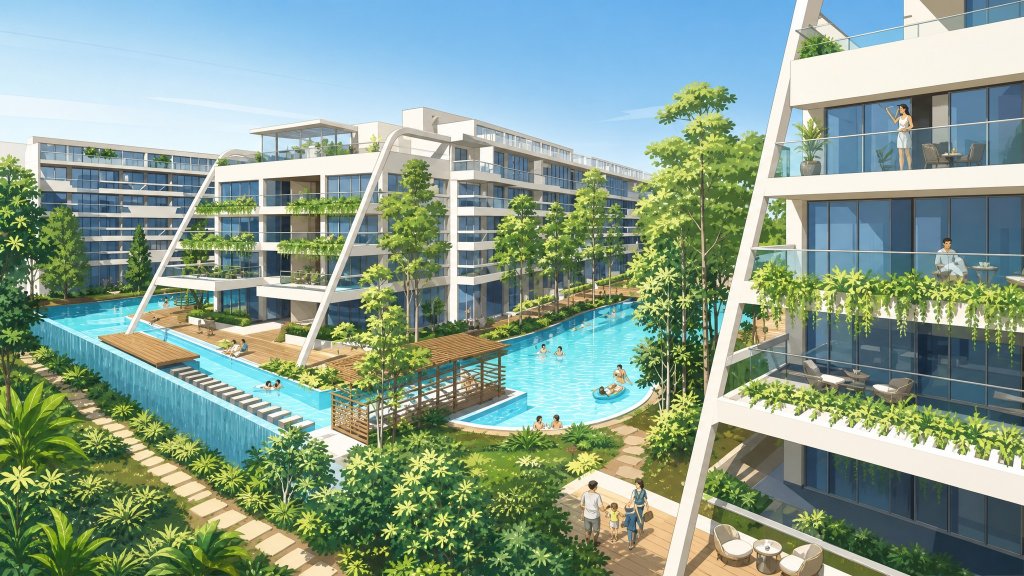 The Nautical pool and blocks seen from a balcony