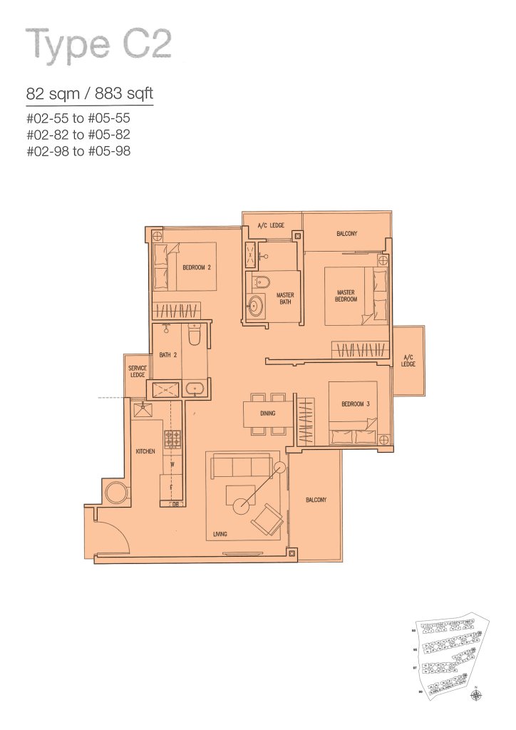 The Nautical floor plan 883 sqft Type C2