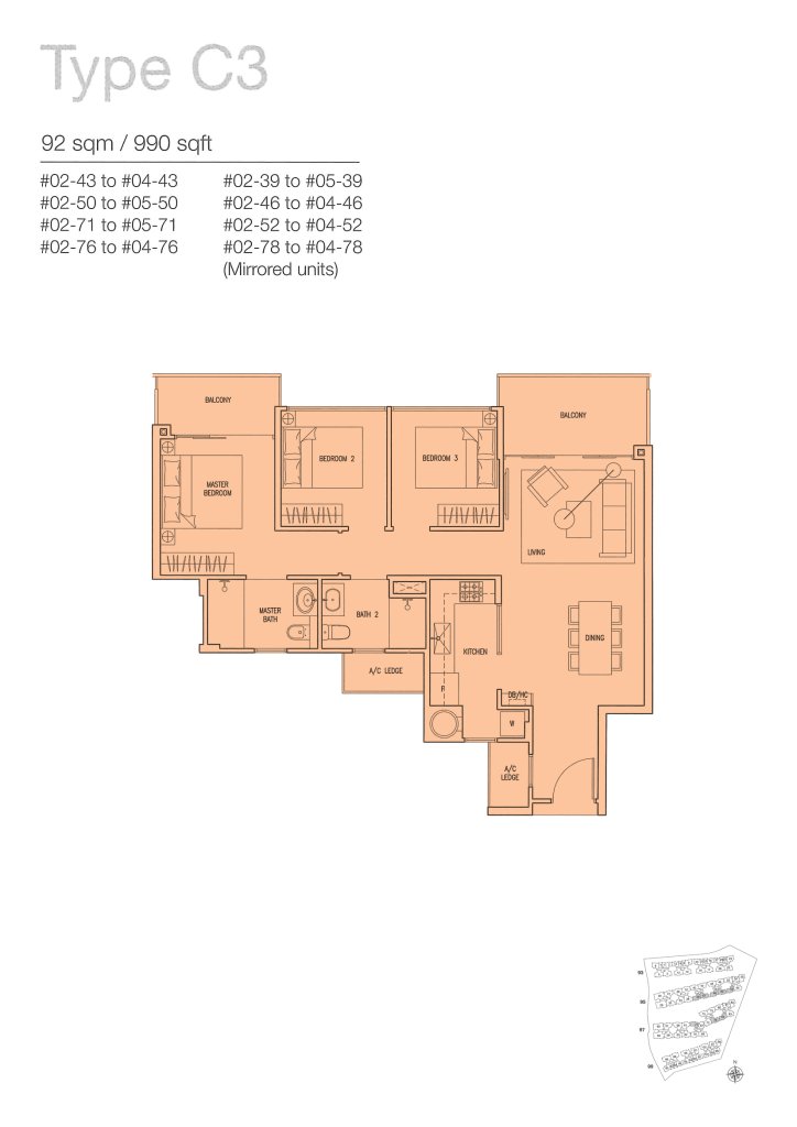 The Nautical floor plan 990 sqft Type C3
